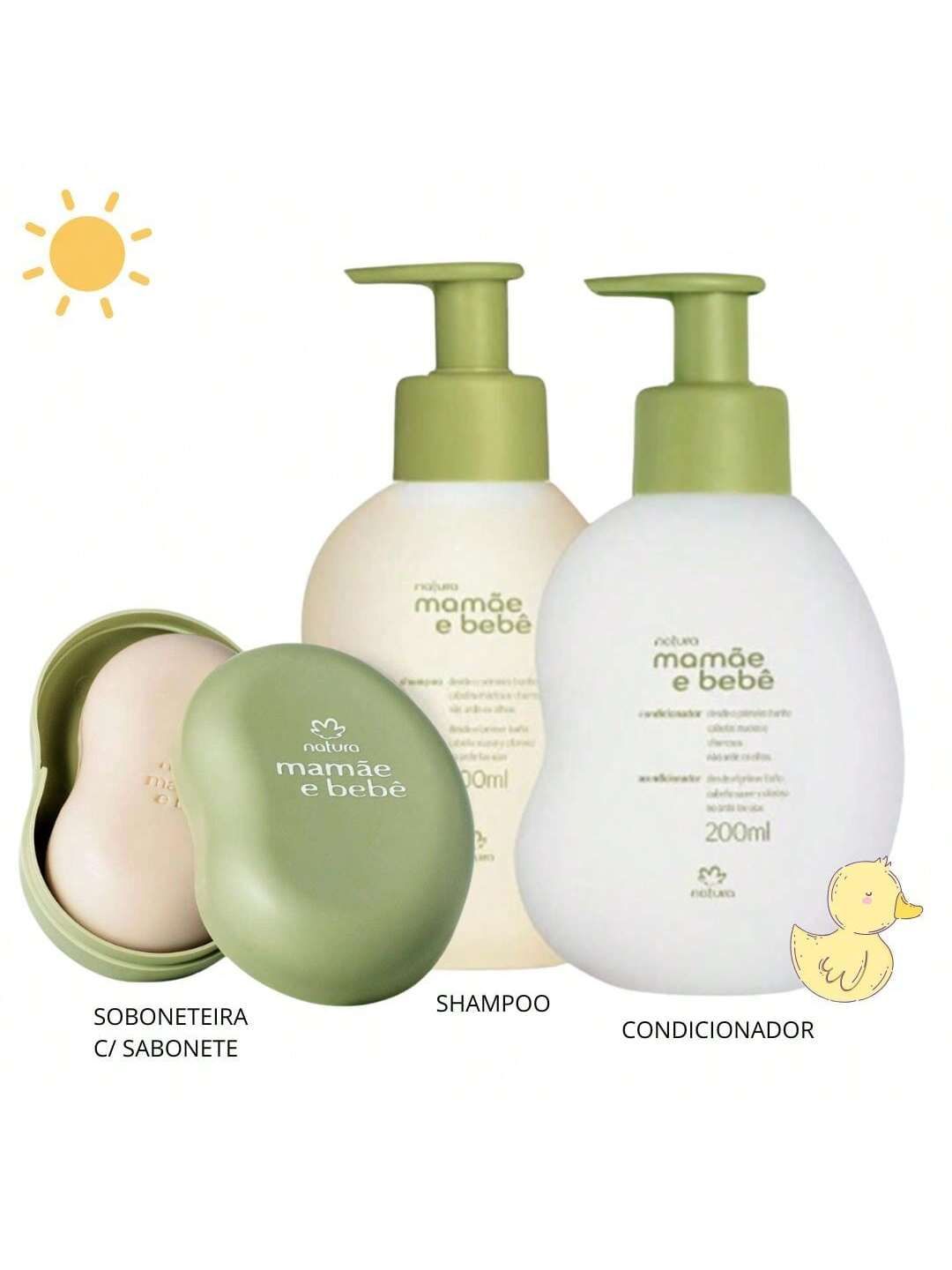 Kit Mamãe Bebe-  Shampoo, Condicionador + Saboneite c\ saboneteira